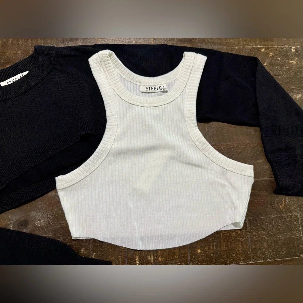 NWT Steele Lizeth Black Viscose Bolero White Ribbed Crop Muscle Tank Set Small - Picture 7 of 15